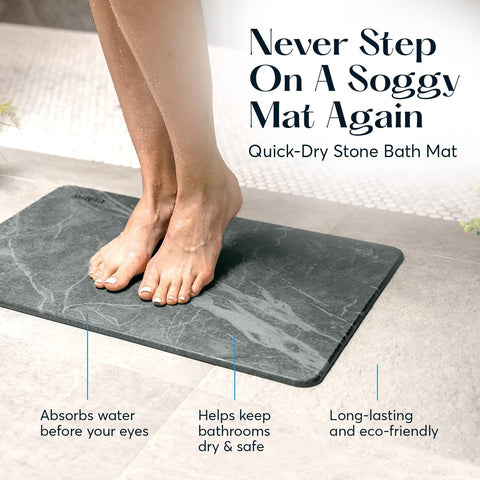 SUTERA stone mat placed by tub in bathroom setting demonstrating dryness and tidy appearance benefit