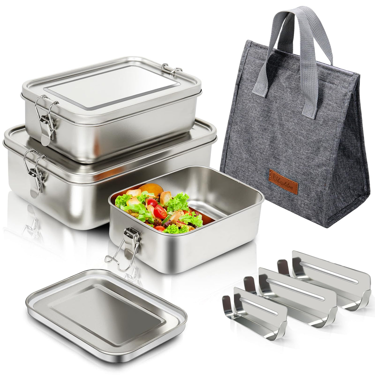 SUTETLW front view of three stainless steel bento boxes showing set and lids, durable storage