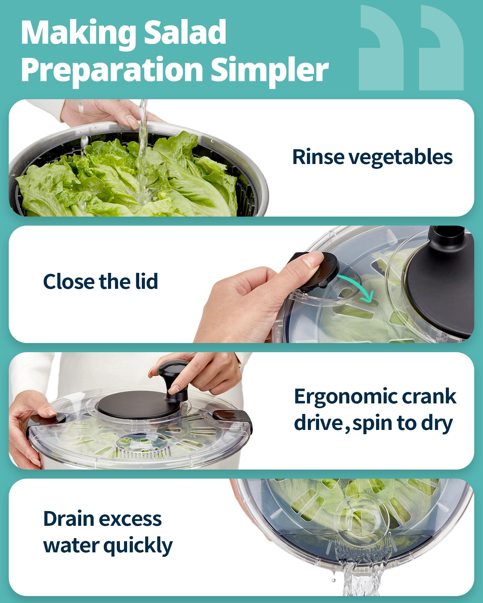 SveBake in-use washing and spinning greens for faster meal prep