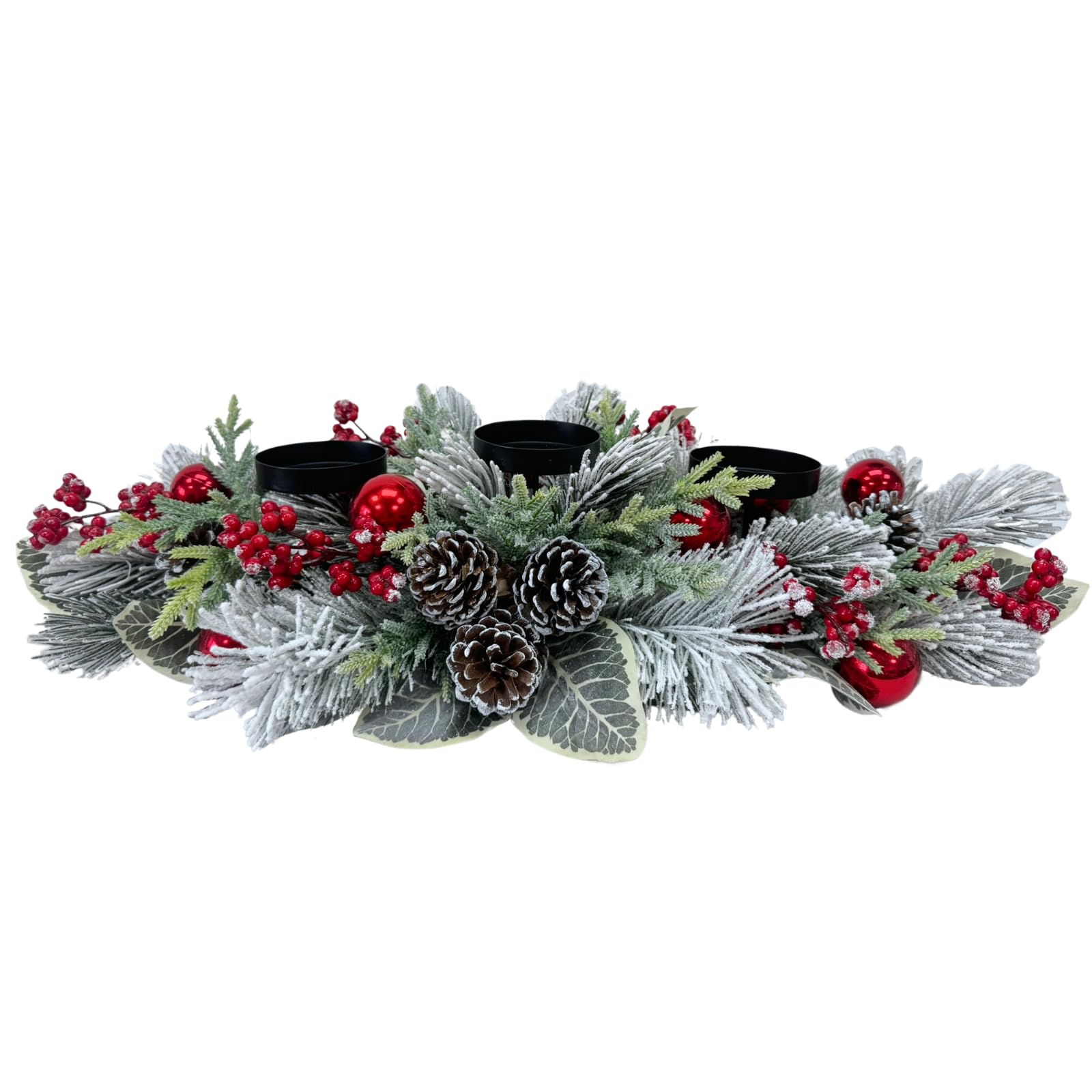 Svndlyn front view of centerpiece showing balanced three-candle display and winter charm