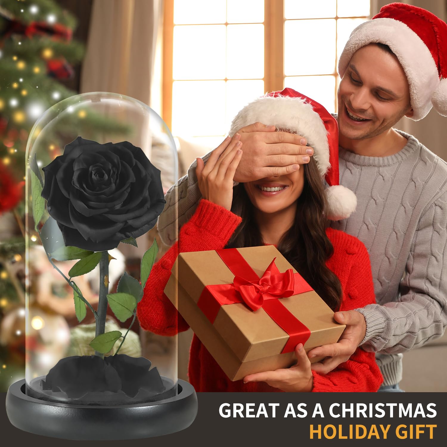 SW black rose styled on a mantel, adding dramatic decor and effortless elegance
