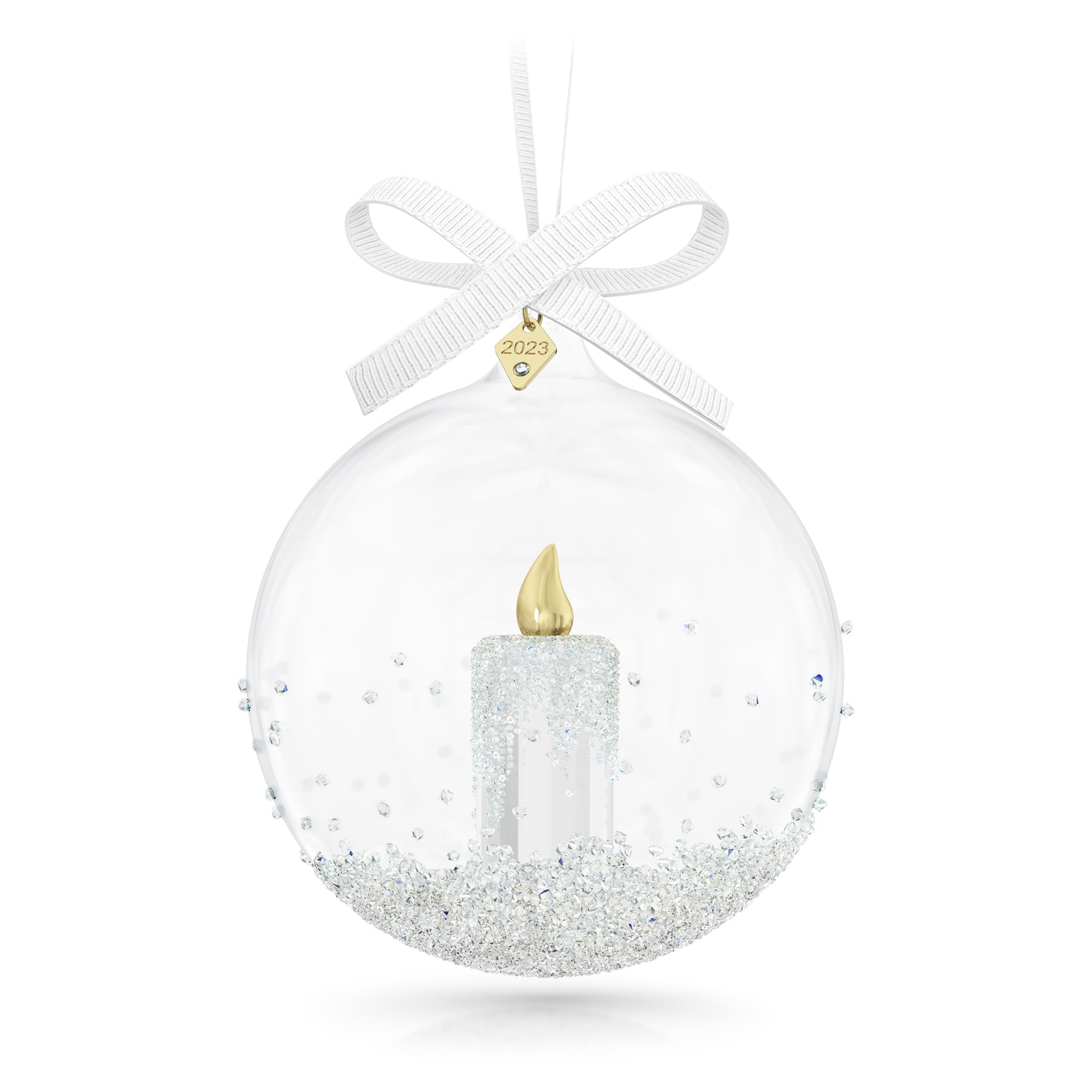 Swarovski ornament front view showing full ball and ribbon, elegant holiday sparkle
