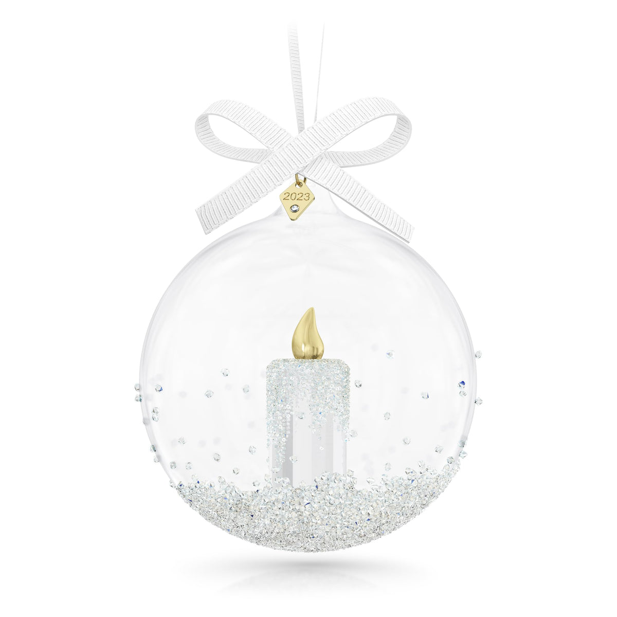 Swarovski ornament front view showing full ball and ribbon, elegant holiday sparkle
