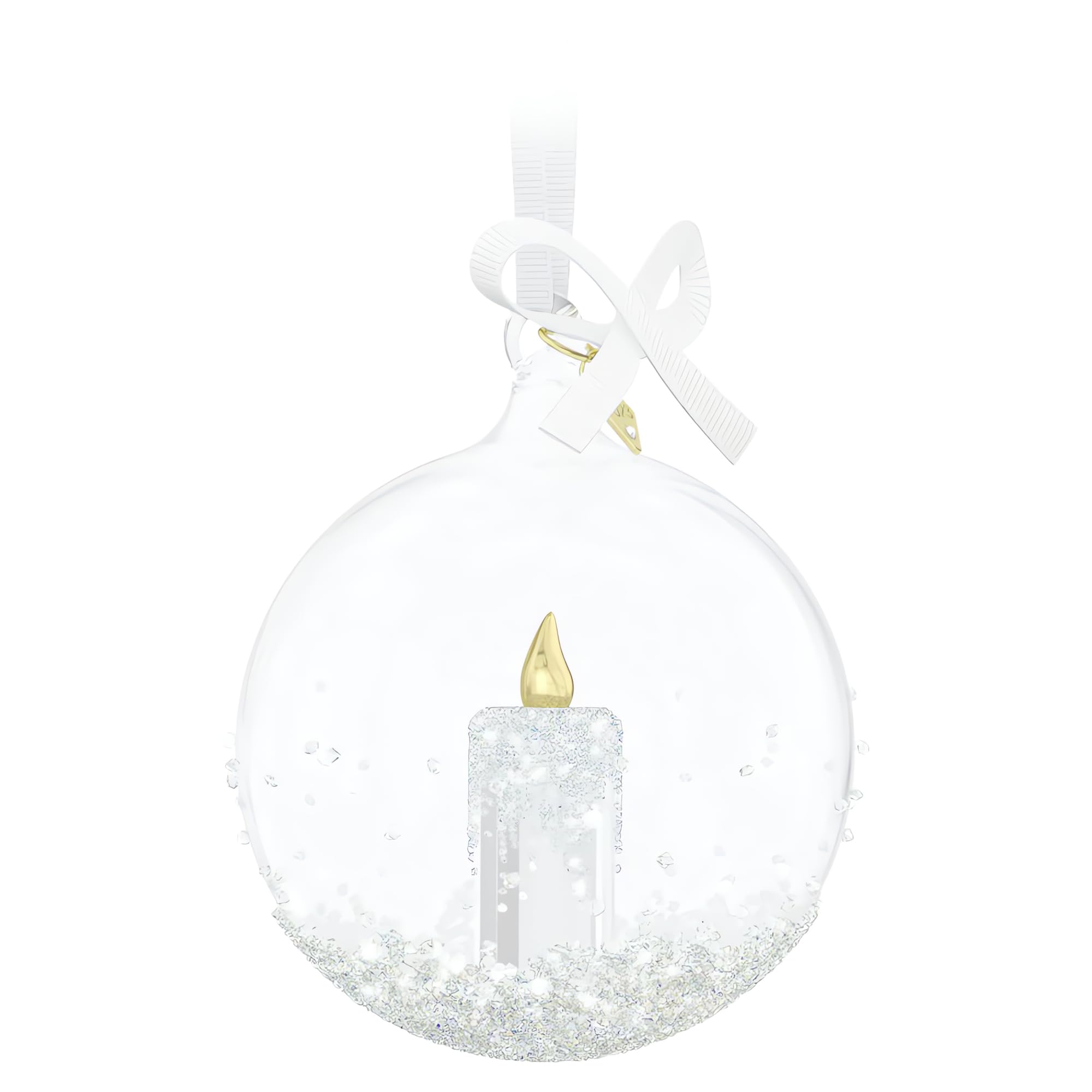 Swarovski internal candle motif close-up with gold-tone flame for warm reflection