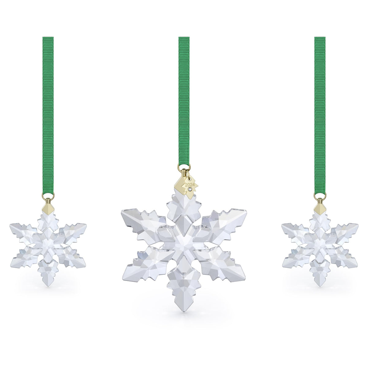 Swarovski front view of 2024 ornament set showing trio sparkle and gifting appeal