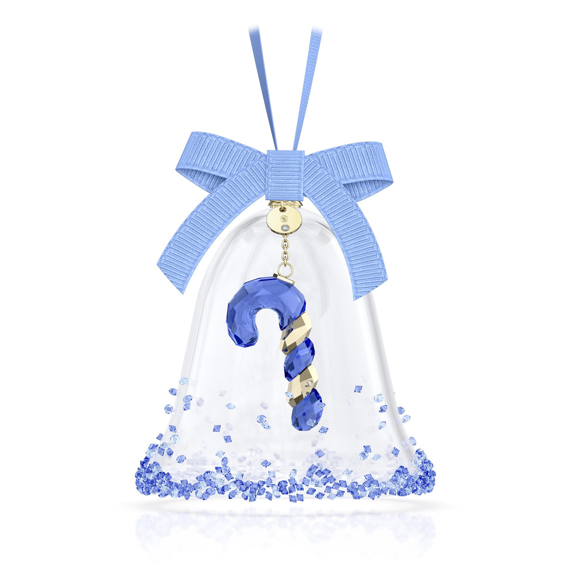 Swarovski Dulcis Bell front view showing blue crystals and ribbon sparkle