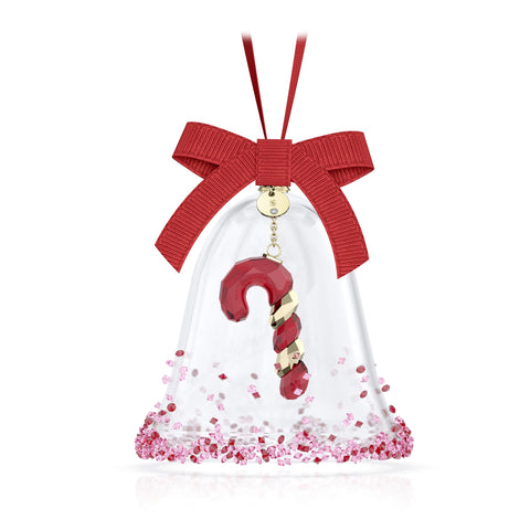 Swarovski Dulcis Bell front view showing red ribbon and gold 2024 tag for festive sparkle
