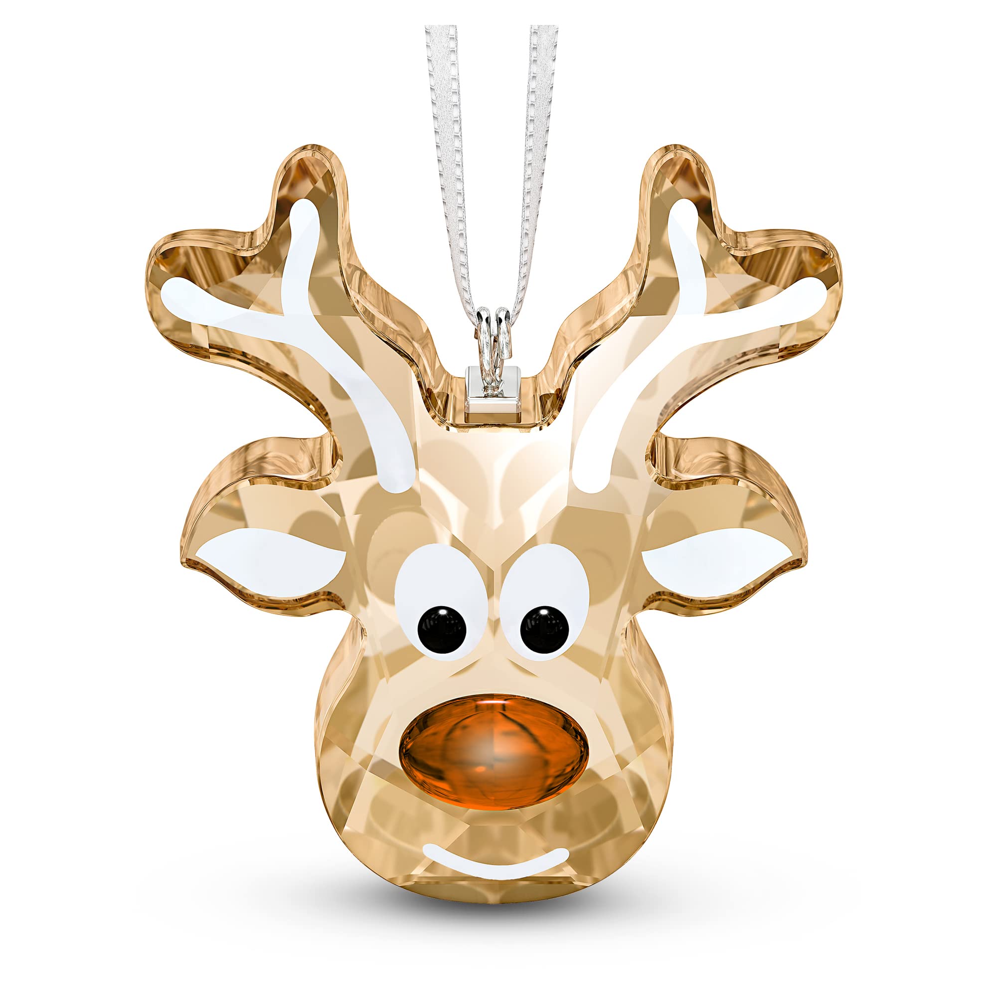 Swarovski Gingerbread Reindeer front view showing gold crystal sparkle and gift-ready box