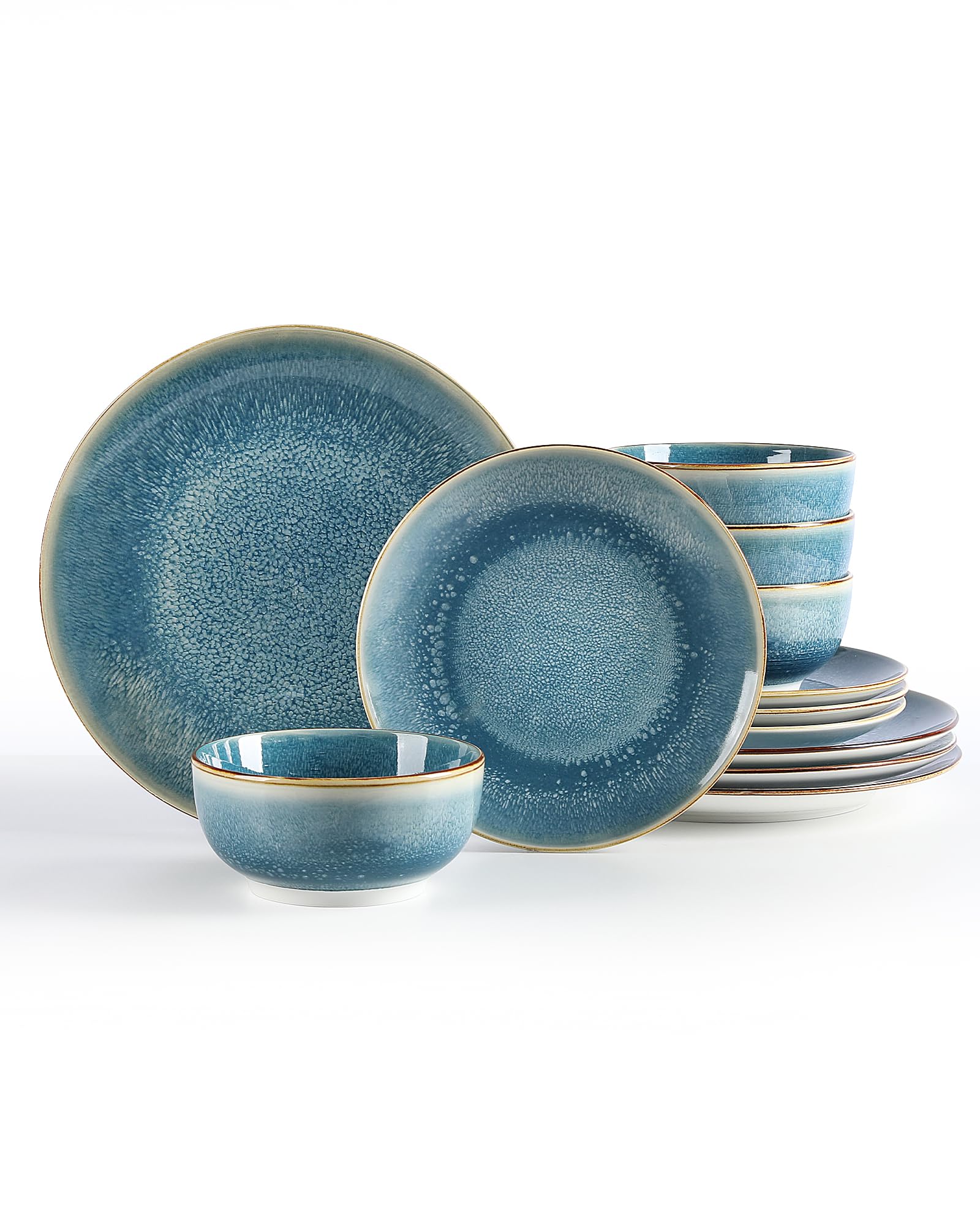 Sweejar Home front view of blue 12-piece set showing complete place settings and gift-ready packaging