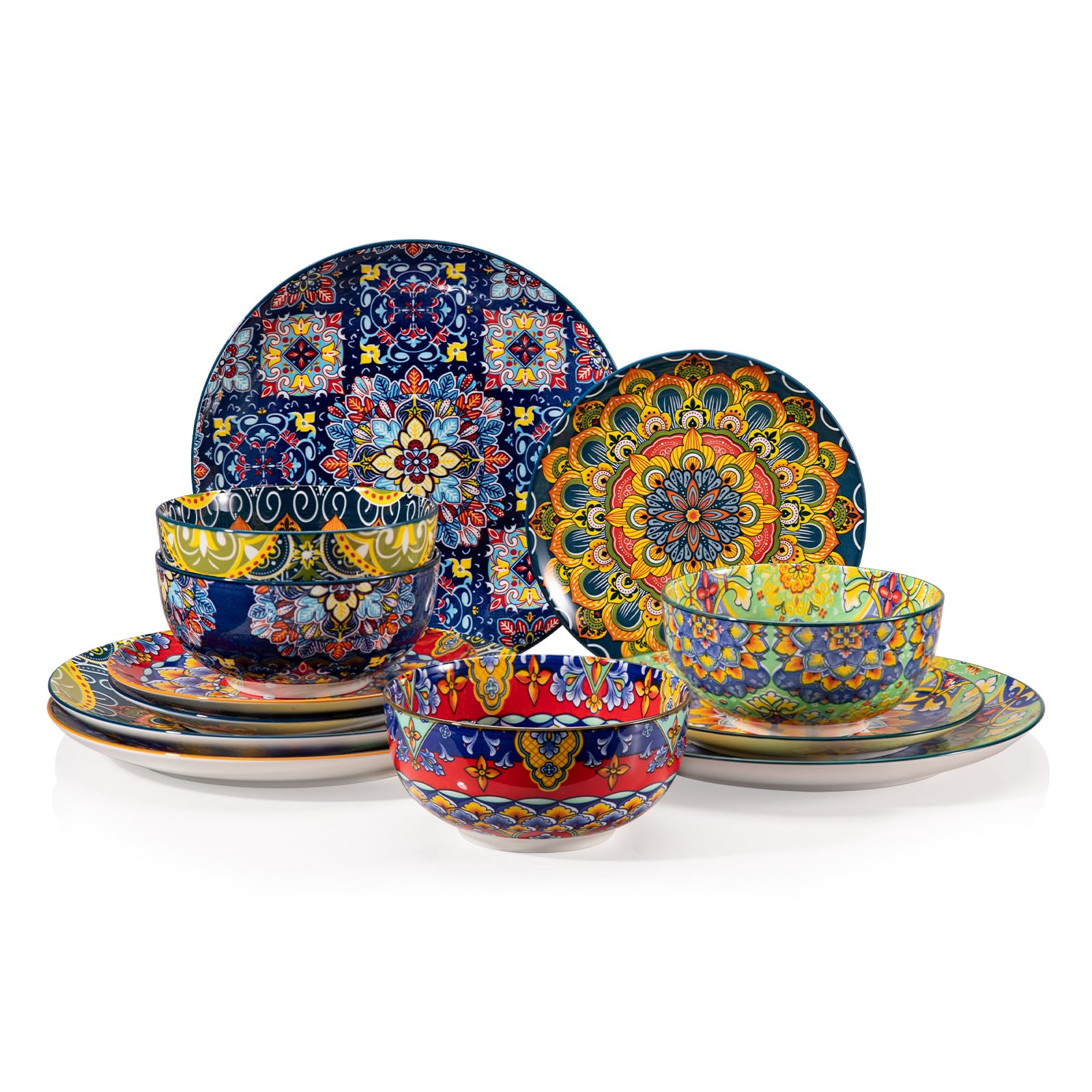 Sweejar Home front view of plate and bowl set showing coordinated boho styling and practicality