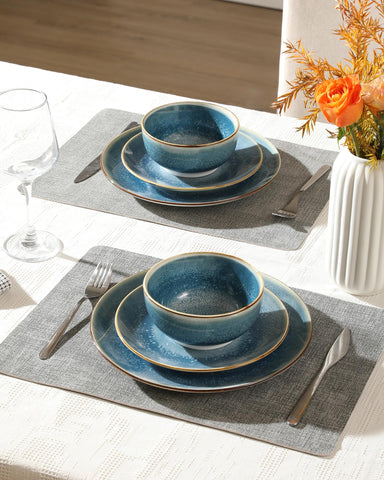 Sweejar Home styled table setting with blue dinnerware creating an inviting mealtime atmosphere