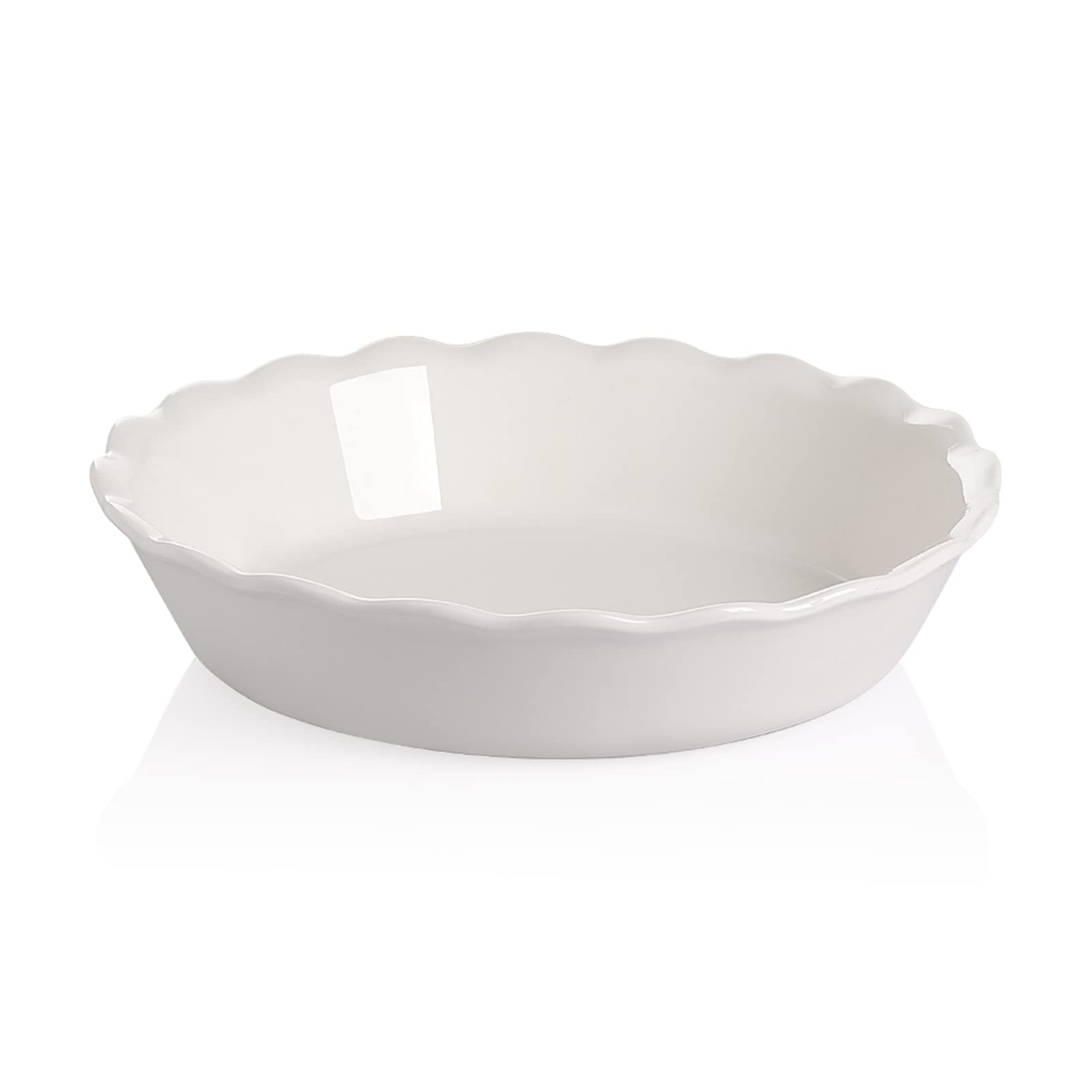 Sweejar Home pie pan front view shows clean white glaze and even heat benefit