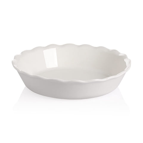Sweejar Home pie pan front view shows clean white glaze and even heat benefit