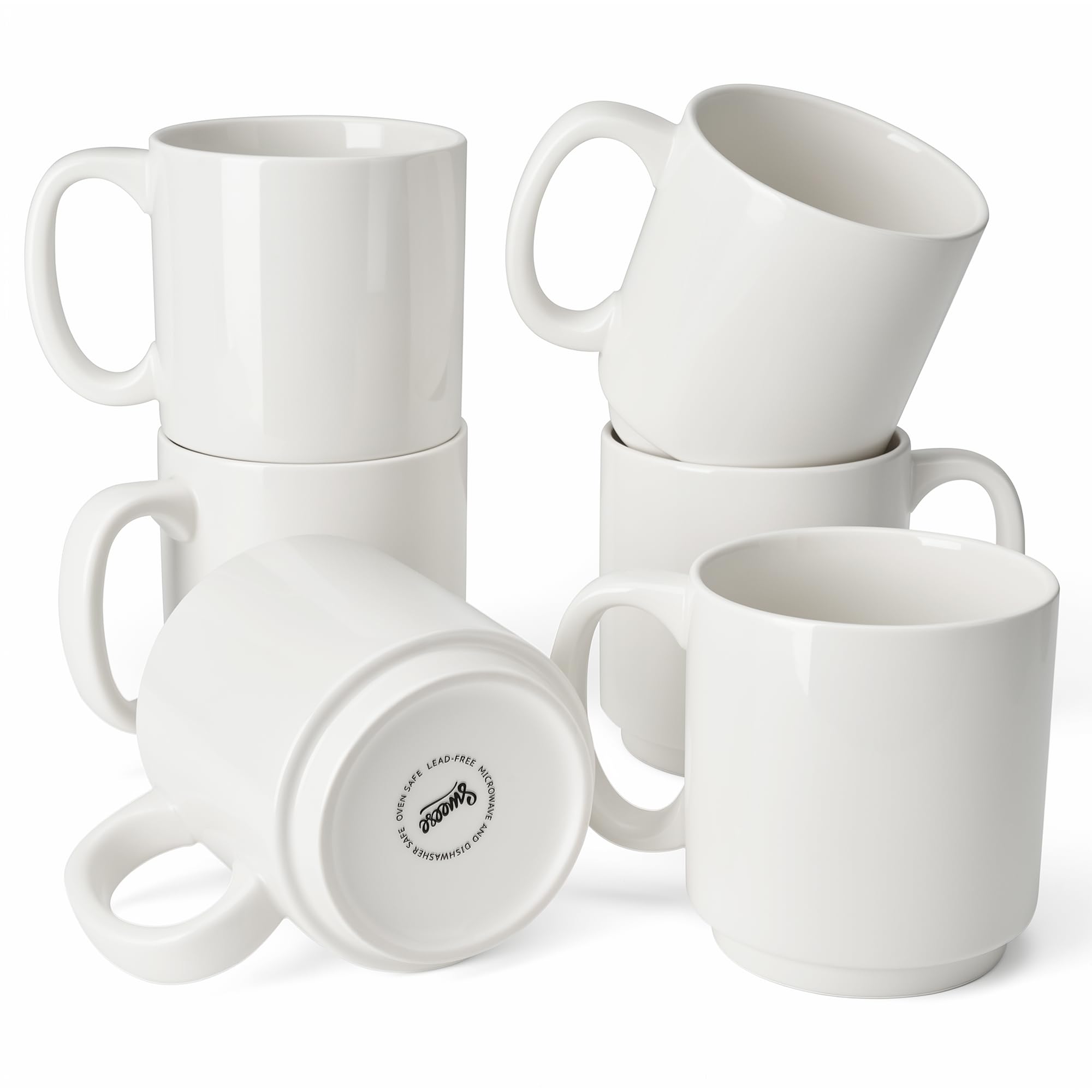 Sweese front view of six white mugs showing compact set and gift-ready appeal