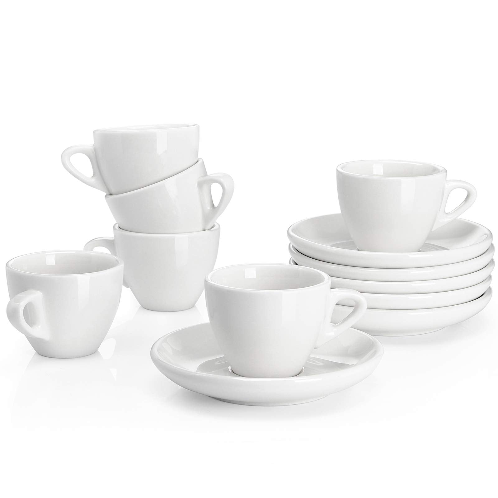 Sweese front view of six white cups and saucers showing clean presentation and durability