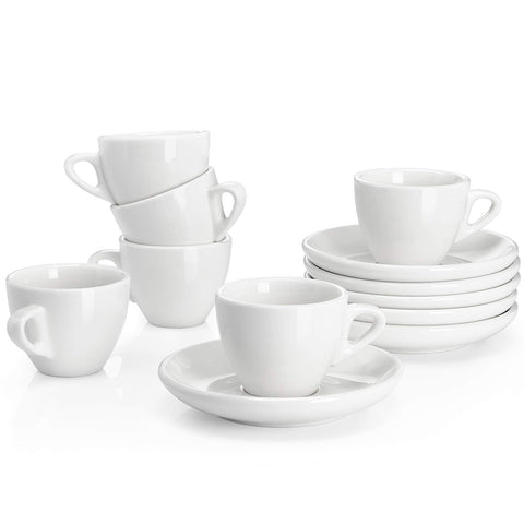 Sweese front view of six white cups and saucers showing clean presentation and durability