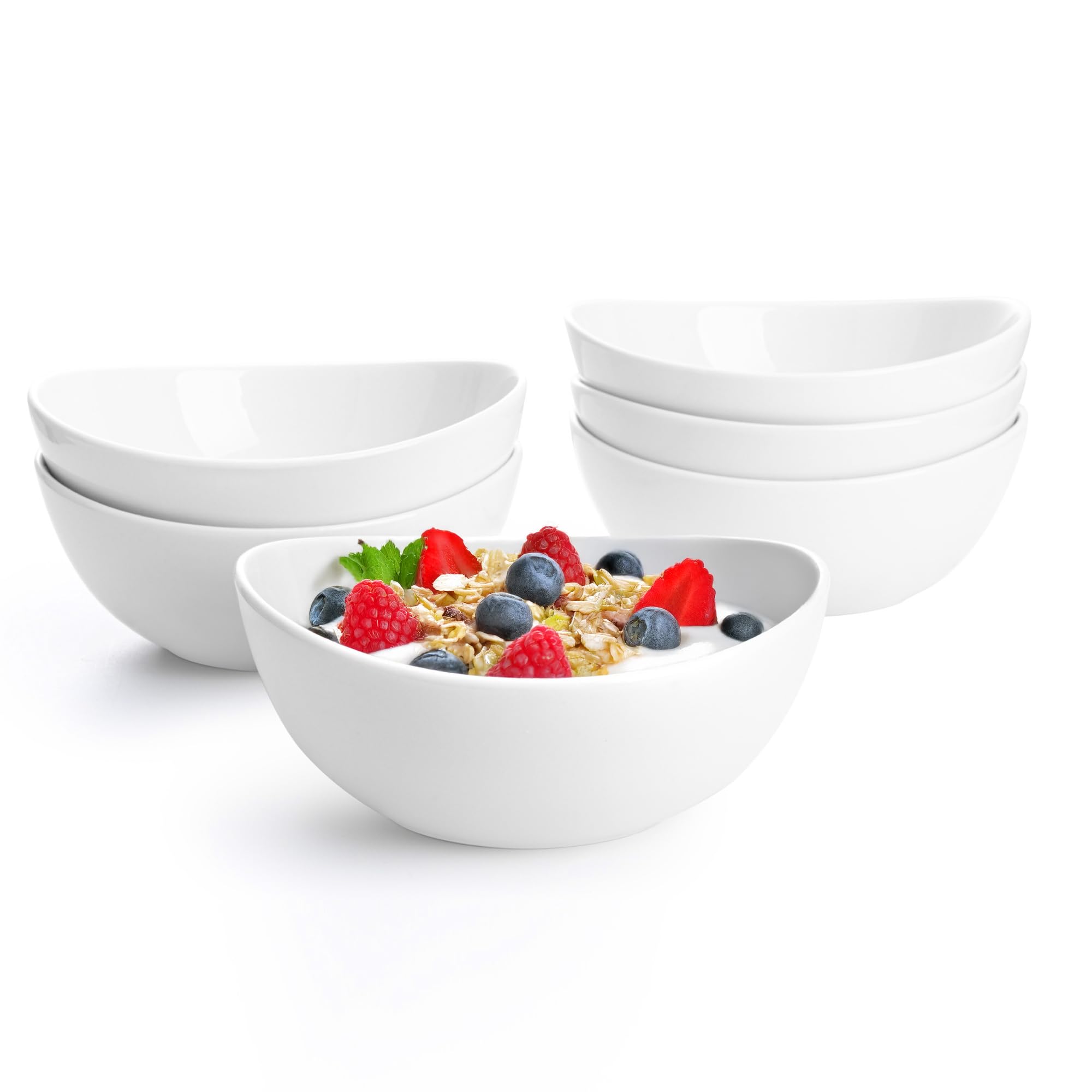 Sweese front view of six white bowls showing elegant tabletop appeal