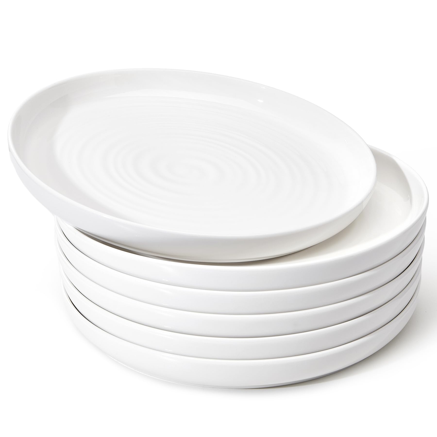Sweese front view of six white 10.5-inch plates highlighting elegant ripple design and versatility