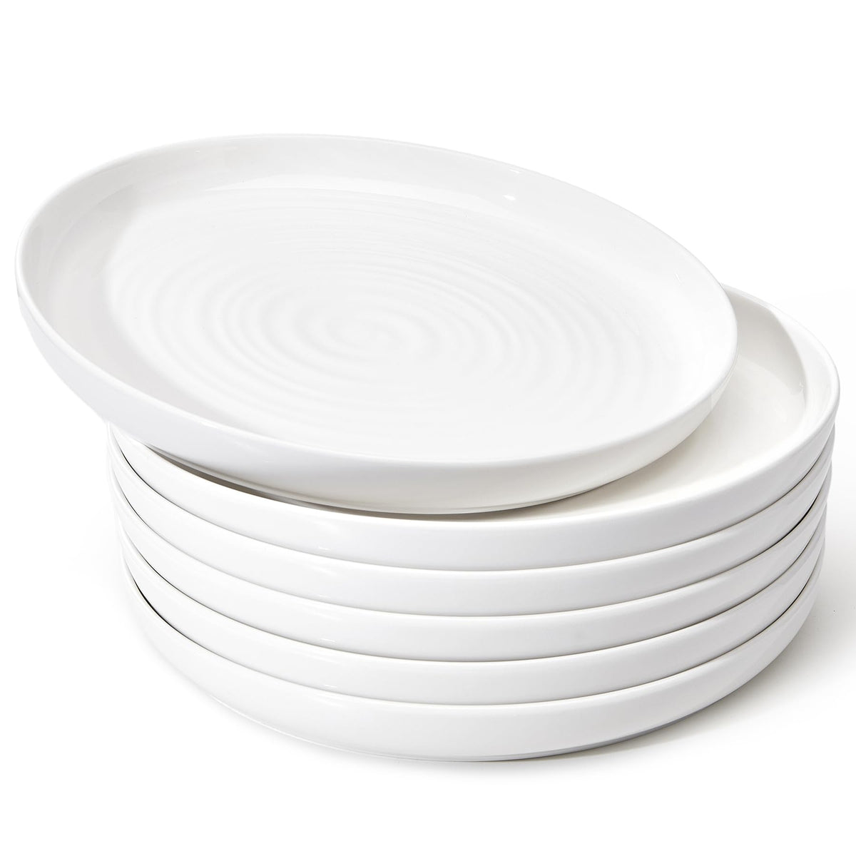 Sweese front view of six white 10.5-inch plates highlighting elegant ripple design and versatility
