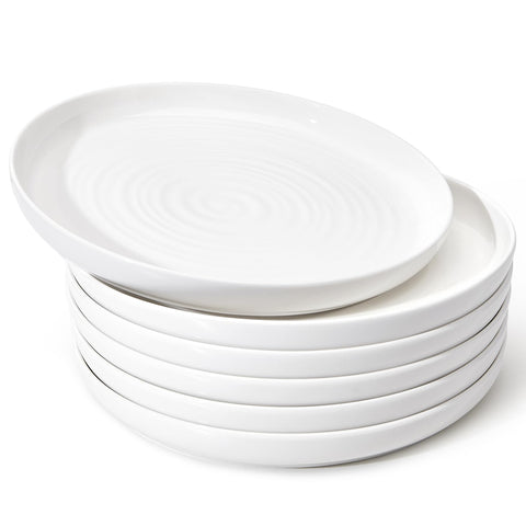 Sweese front view of six white 10.5-inch plates highlighting elegant ripple design and versatility