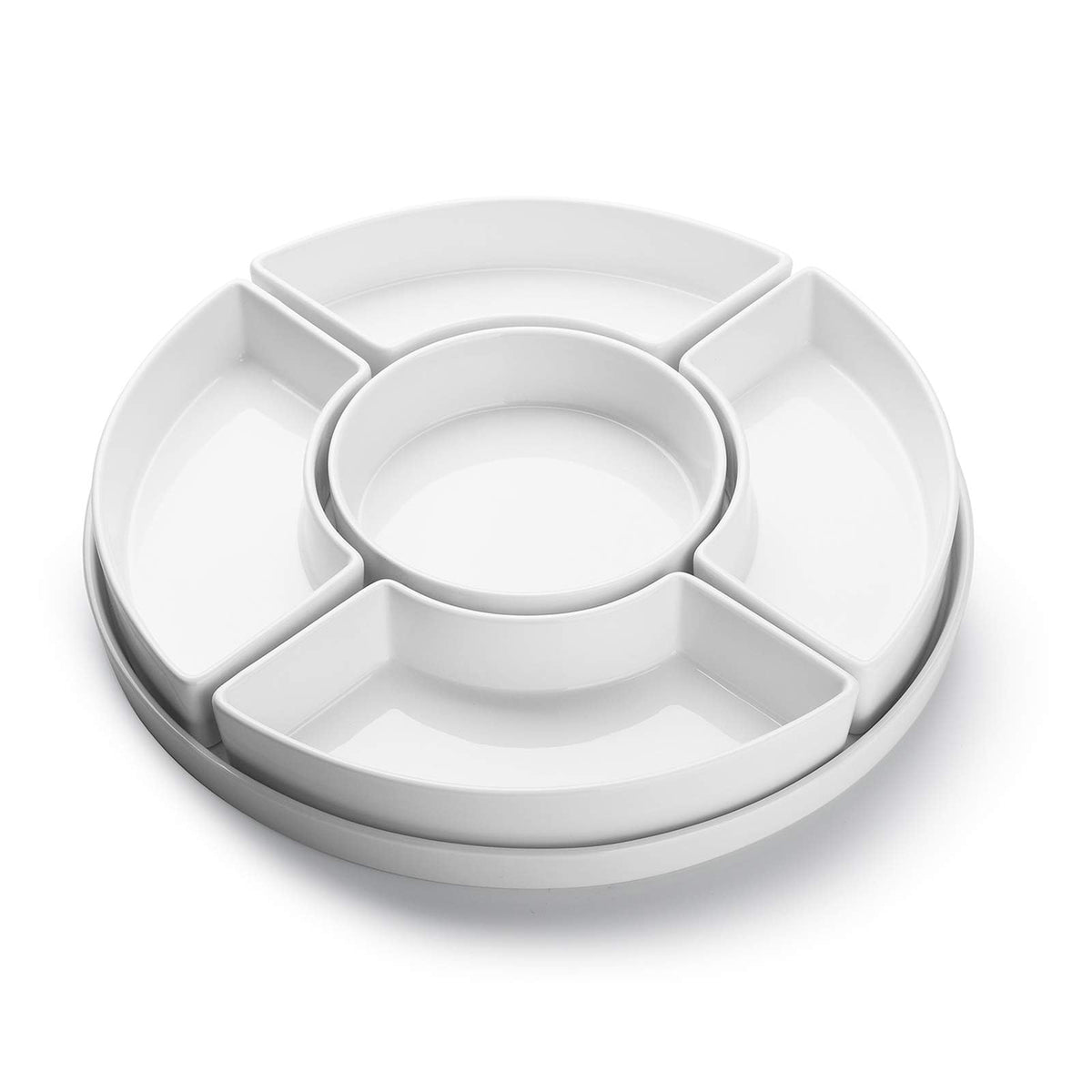 Sweese front view of five-compartment relish tray showing elegant presentation benefit