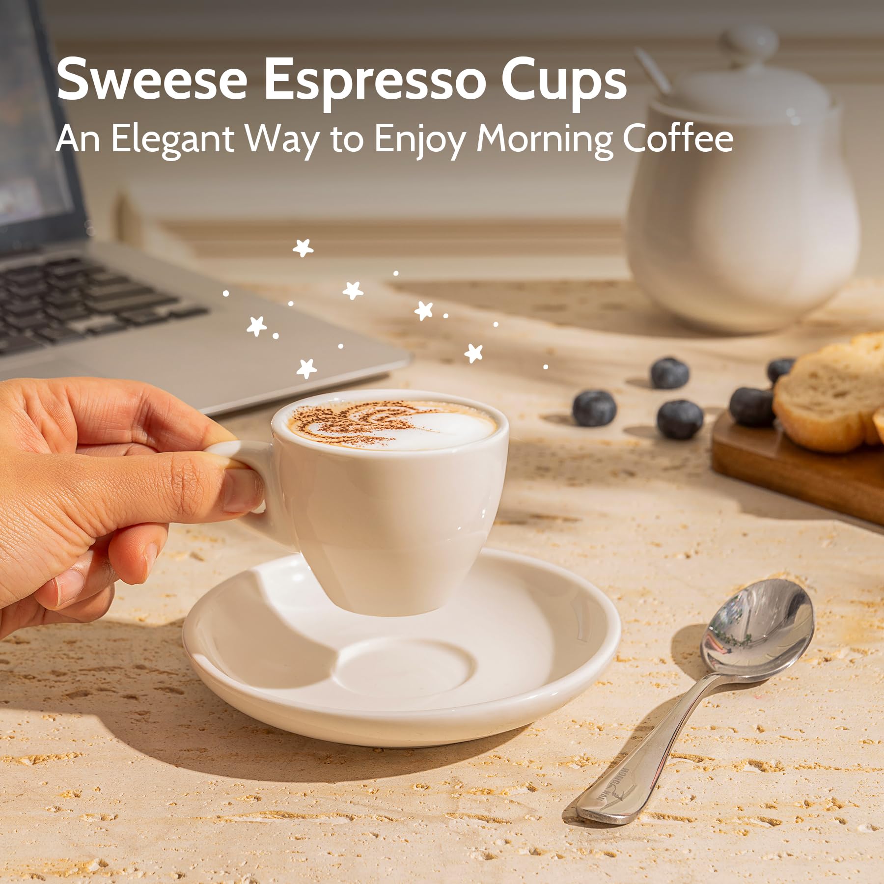 Sweese cup next to tablespoon for scale illustrating compact 2 oz capacity
