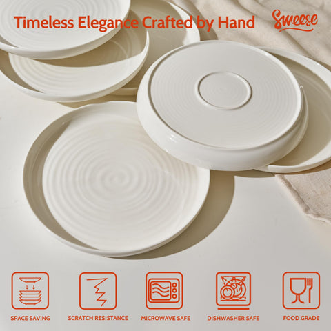 Sweese stacked plates demonstrating space-saving storage and organized cabinet benefit