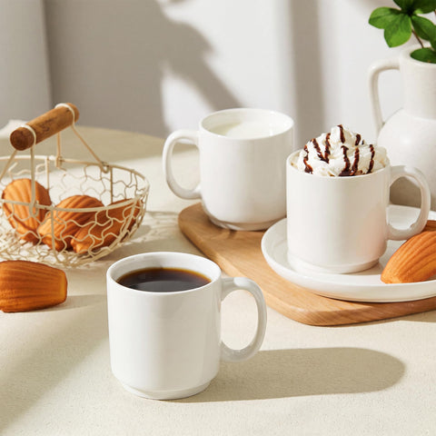 Sweese mugs stacked in a cabinet saving space and improving kitchen organization