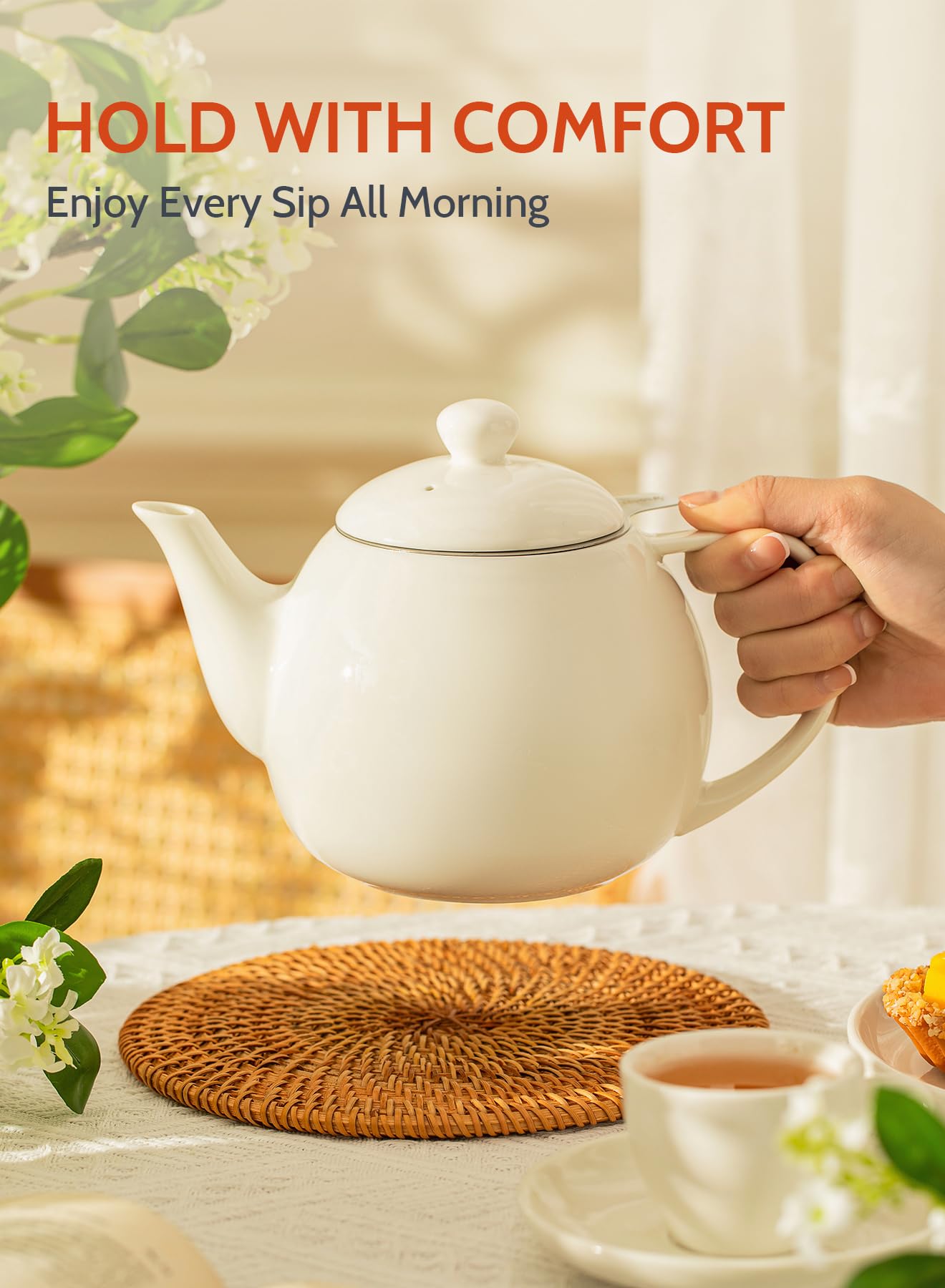 Sweese teapot next to two mugs showing 27 oz capacity ideal for two drinks