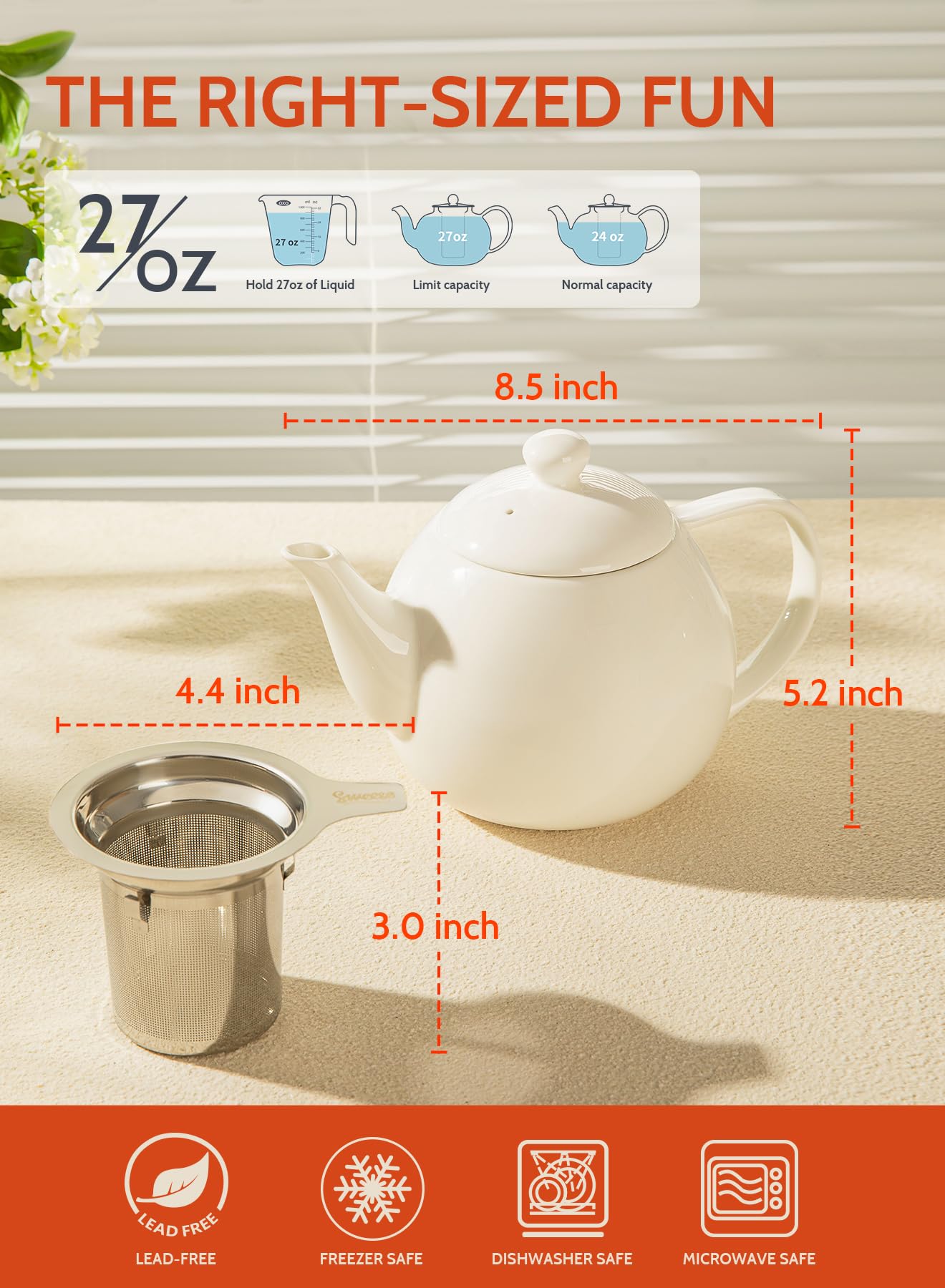 Sweese teapot pouring action with steady stream illustrating drip-resistant spout for neat serving