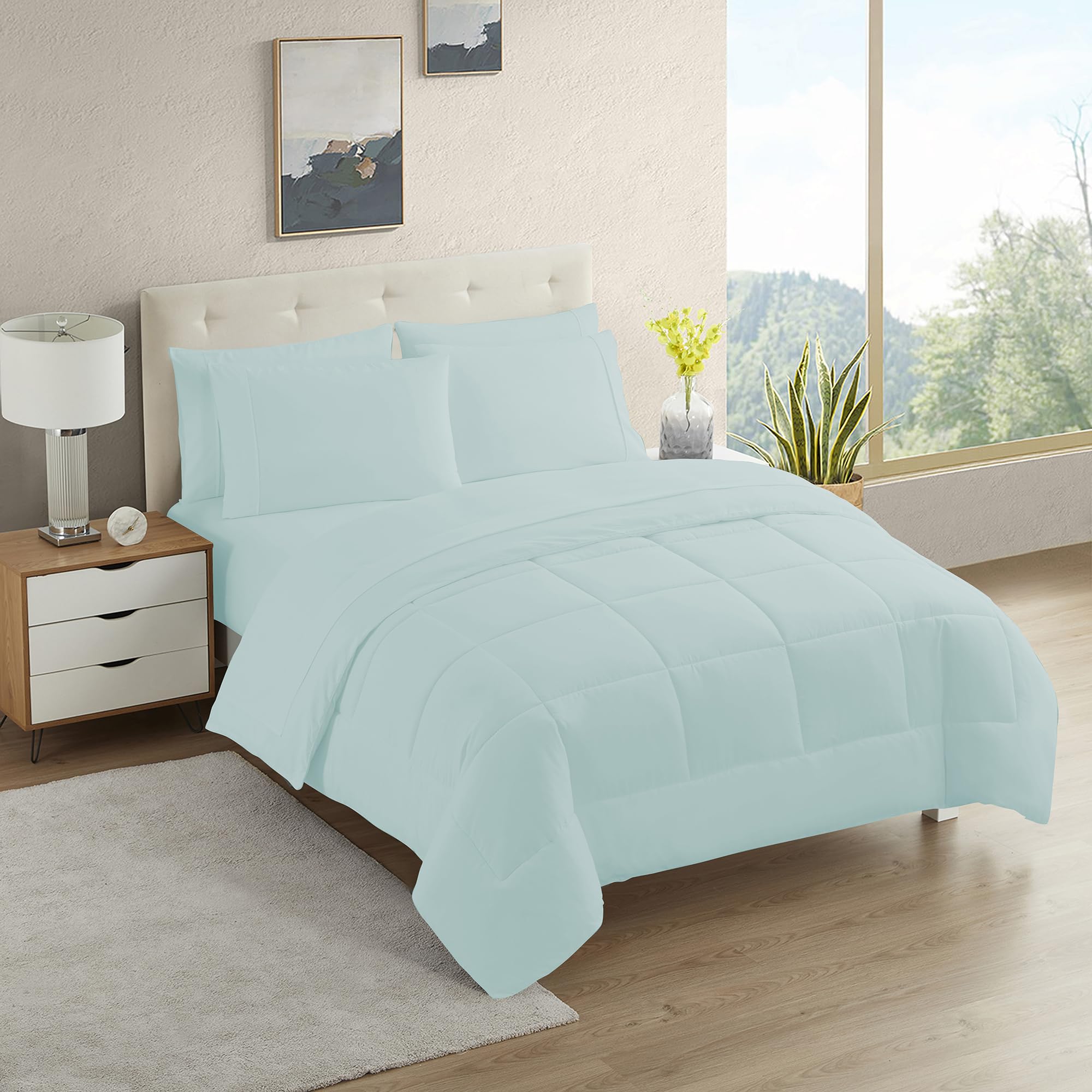 Sweet Home Collection front view of aqua twin set showing comforter and pillowcases for comfy bedroom display