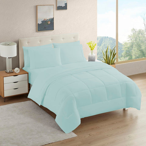 Sweet Home Collection front view of aqua twin set showing comforter and pillowcases for comfy bedroom display