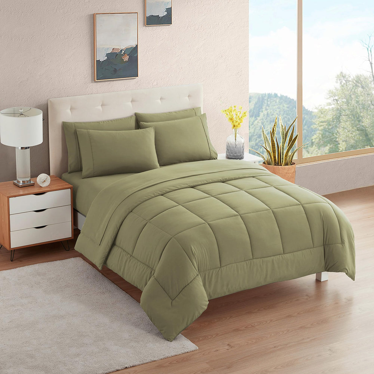 Sweet Home Collection front view comforter in sage showing neat finish and cozy look