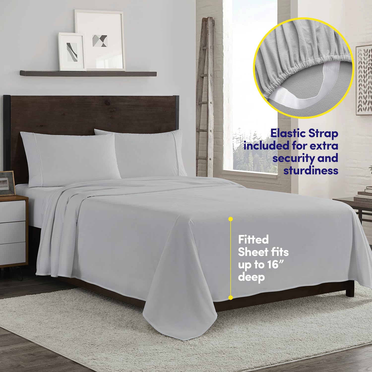 Sweet Home Collection detailed view of corner straps keeping fitted sheet secure