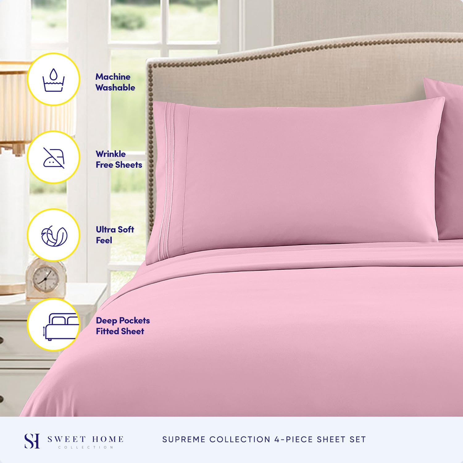Sweet Home Collection deep pocket fitted sheet close-up showing snug fit on mattress corner, prevents slipping
