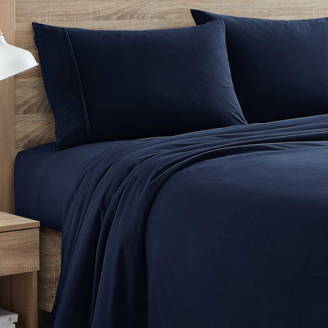 Sweet Home Collection front view of navy sheet set showing elegant styling and cozy look