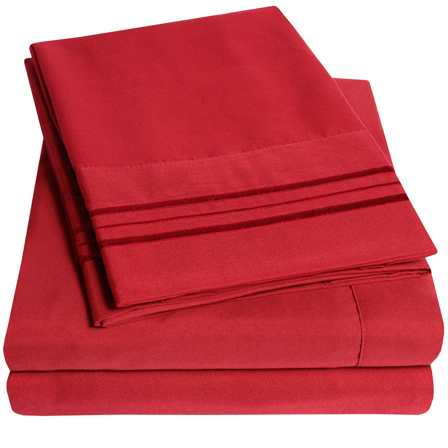 Sweet Home Collection front packaging shows red sheets and size label, easy selection benefit
