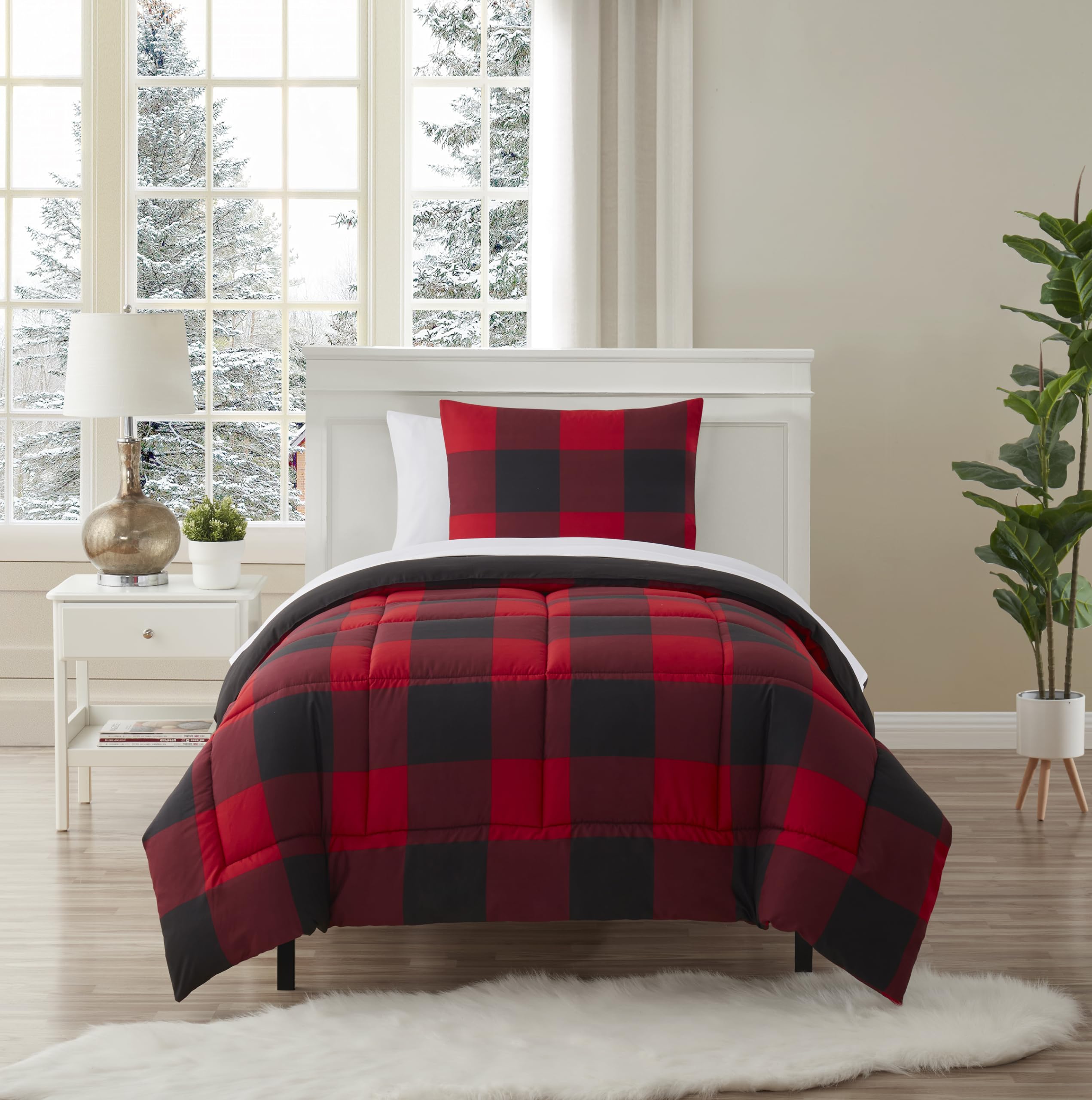 Sweet Home Collection front view of burgundy buffalo plaid set showing complete bed benefits