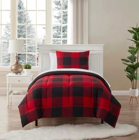 Sweet Home Collection front view of burgundy buffalo plaid set showing complete bed benefits