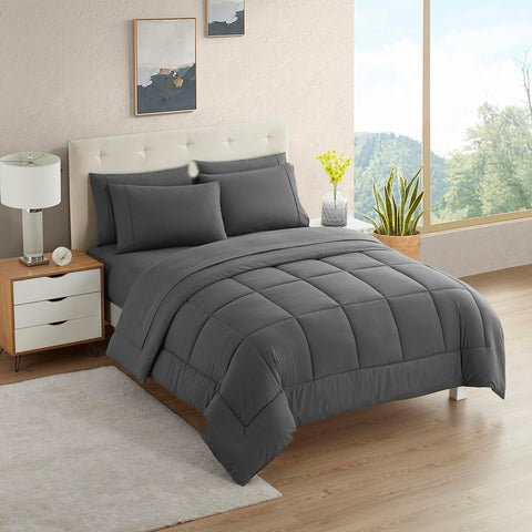 Sweet Home Collection comforter set front view showing neat fit and modern gray style