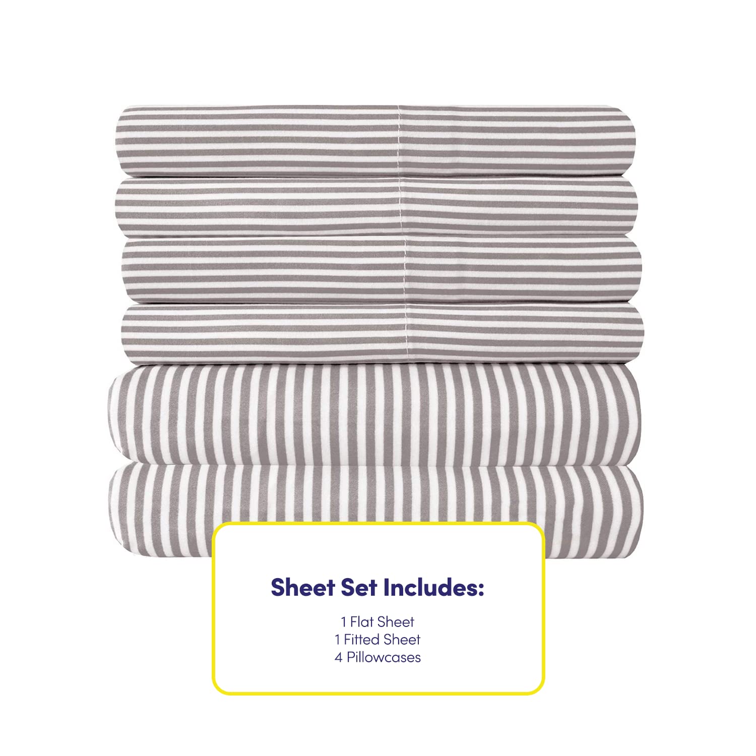 Sweet Home Collection styled bedroom with grey stripe sheets enhancing a calm, coordinated look