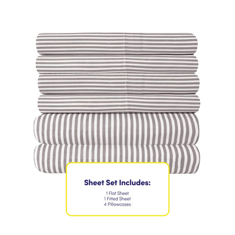 Sweet Home Collection styled bedroom with grey stripe sheets enhancing a calm, coordinated look