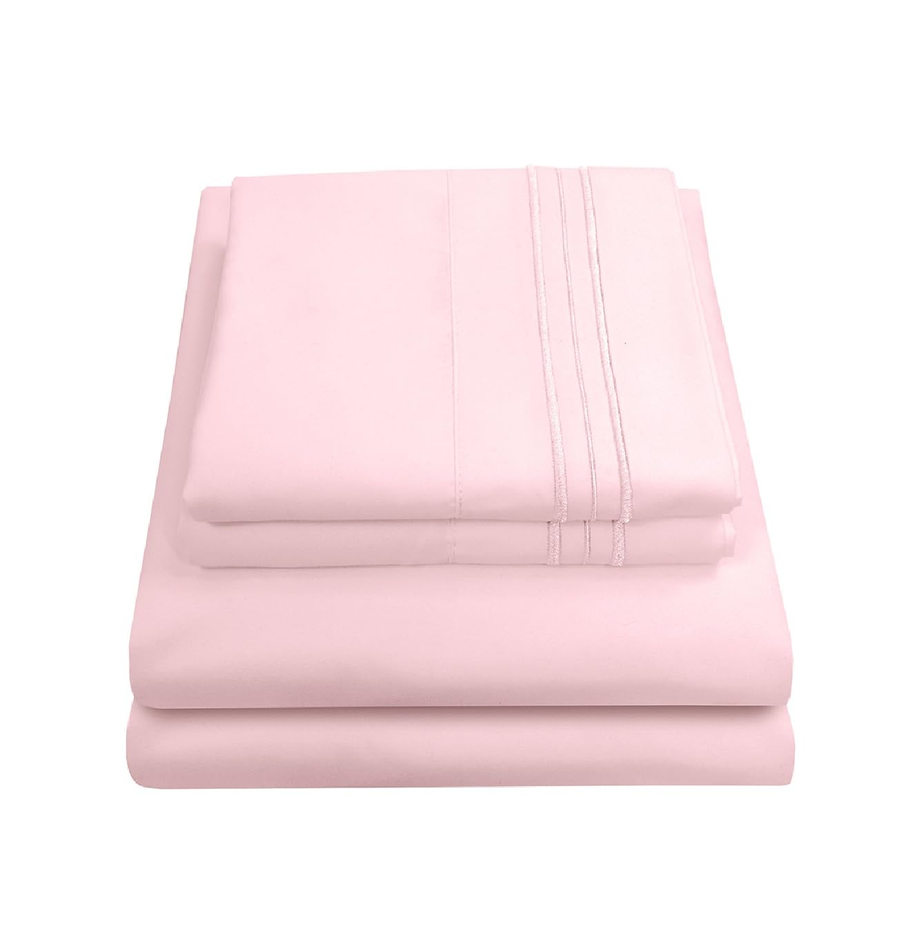 Sweet Home Collection pale pink sheet set front view showing complete set and neat fold benefits