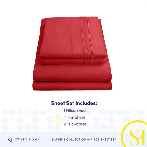 Sweet Home Collection red sheets on a styled bed demonstrating neat, tucked look