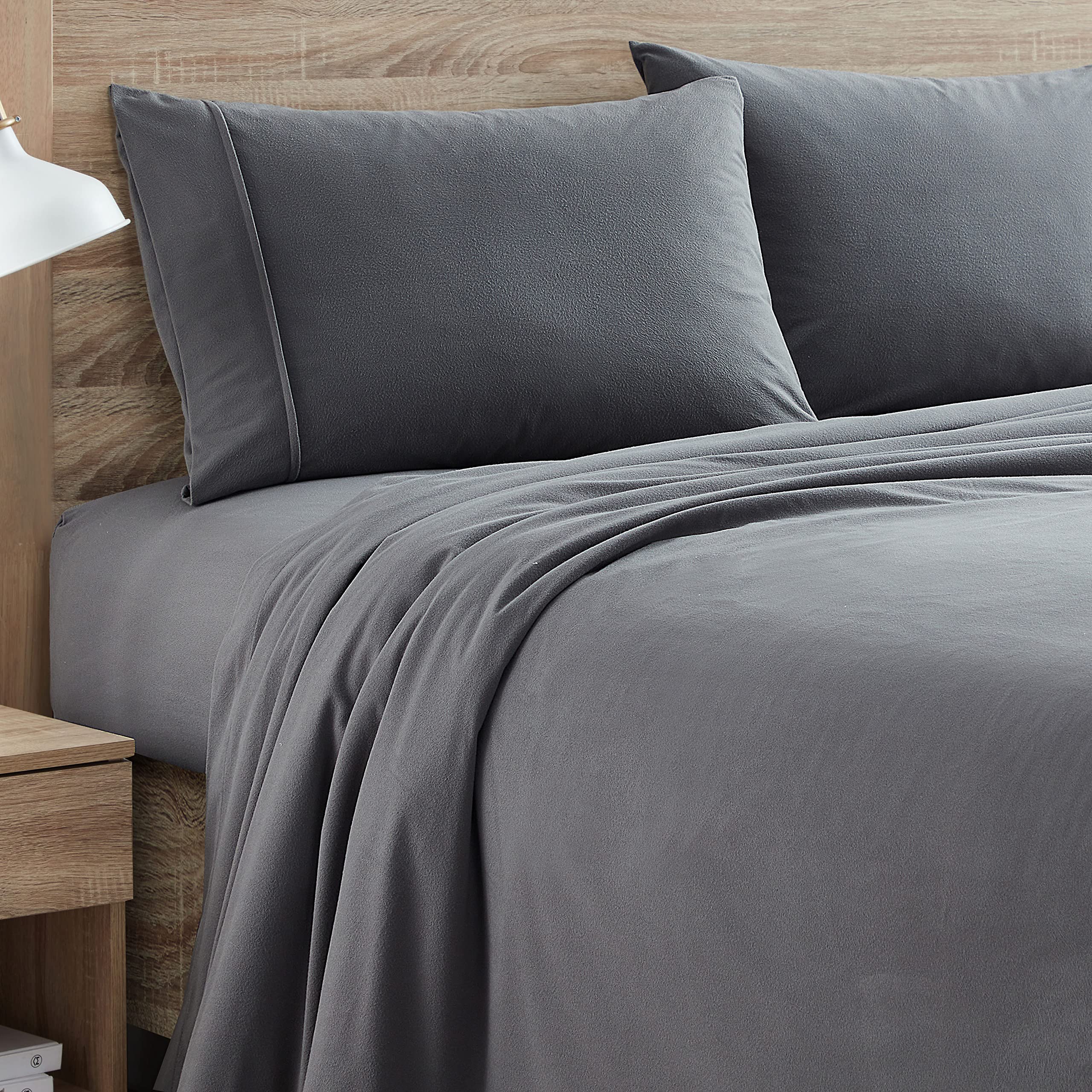 Sweet Home Collection front view of queen flannel sheet set showing packed set and color benefit