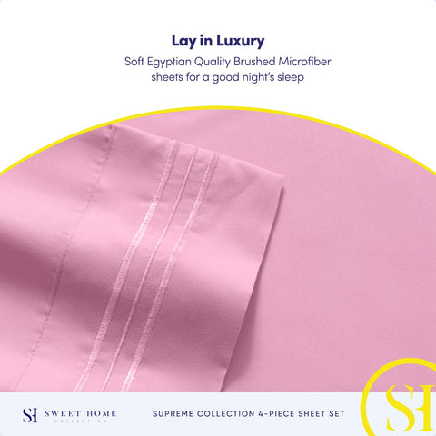 Sweet Home Collection layout showing fitted, flat, and pillowcases for queen size, clarifies included pieces