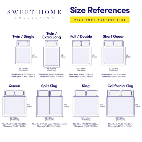 Sweet Home Collection folded sheet set beside ruler showing queen size scale and fit