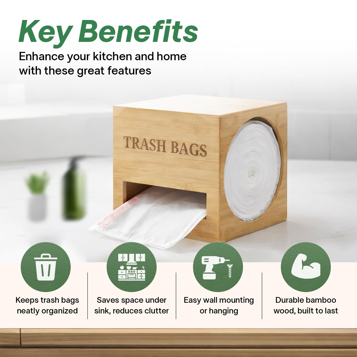 Sweet Living wall-mounted bamboo dispenser in kitchen for quick bag access