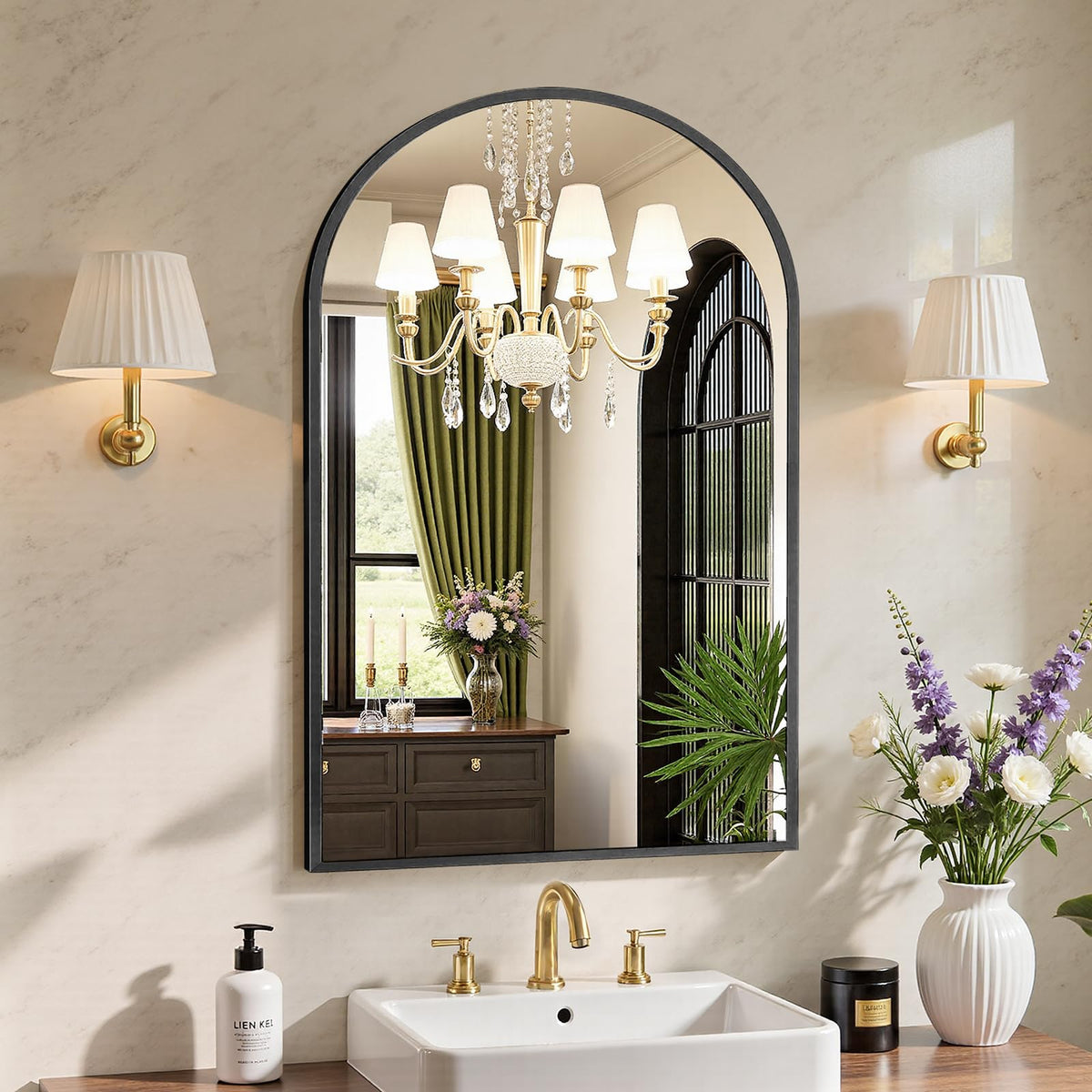Sweetcrispy arched mirror front view shows elegant silhouette and visual height benefit