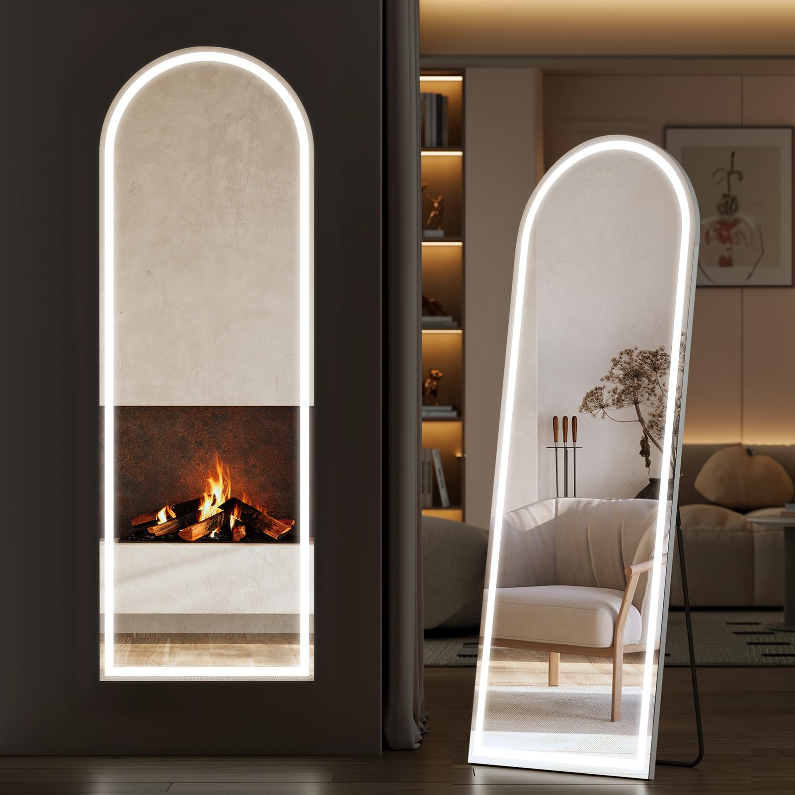 Sweetcrispy front arched LED mirror showing full-length reflection and brightness benefit